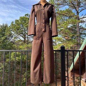 Vintage 60s Khaki Colored Dagger Collar Flared Utilitarian Jumpsuit